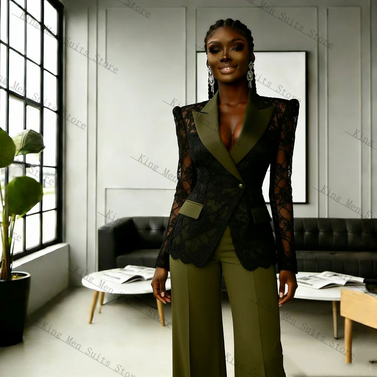 Women Formal Wear With Black Blazer - Ensemble tailleur femme vert et noir