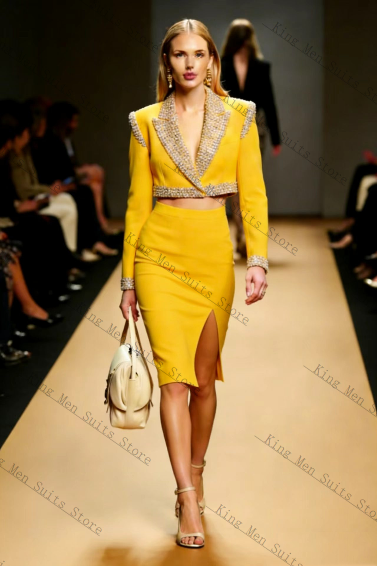 Women'S Formal Wear For Wedding Guest - Ensemble jupe et blazer jaune pour